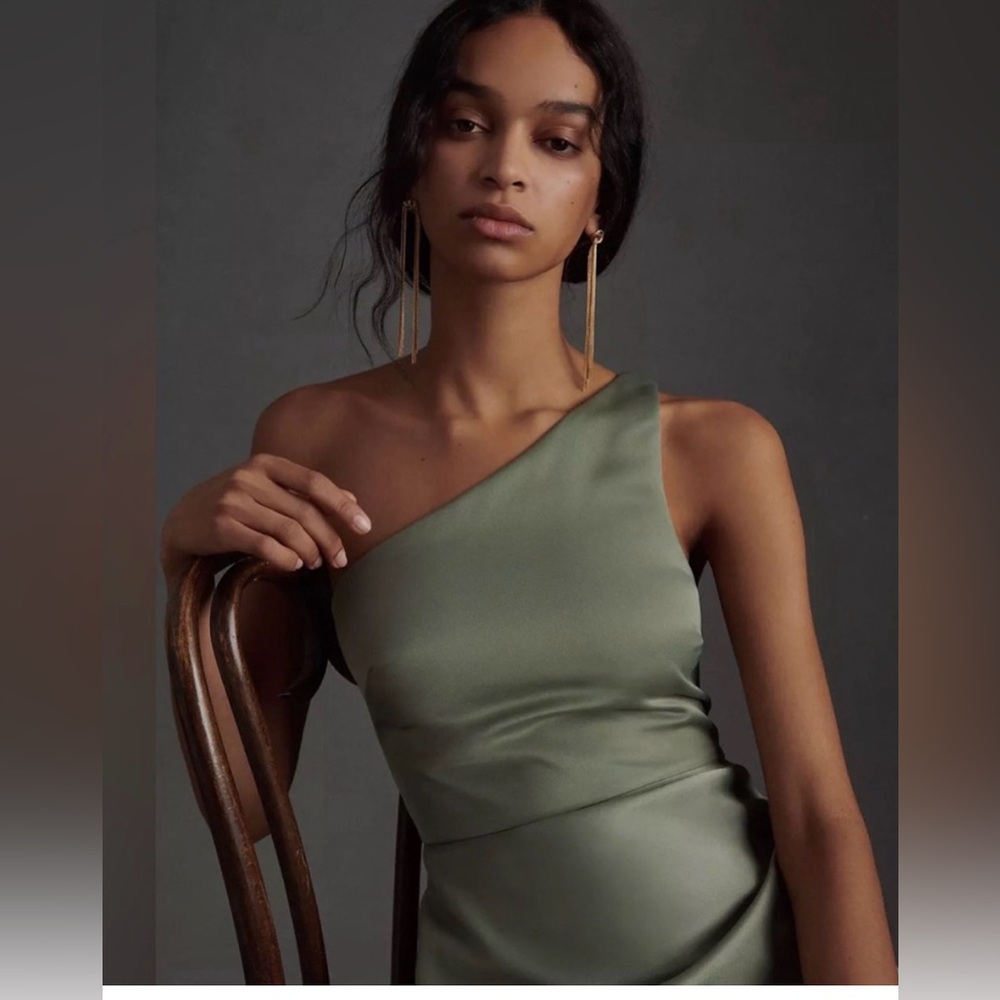 BHLDN One-Shoulder Sage Green Satin Gown - Picture 3 of 14